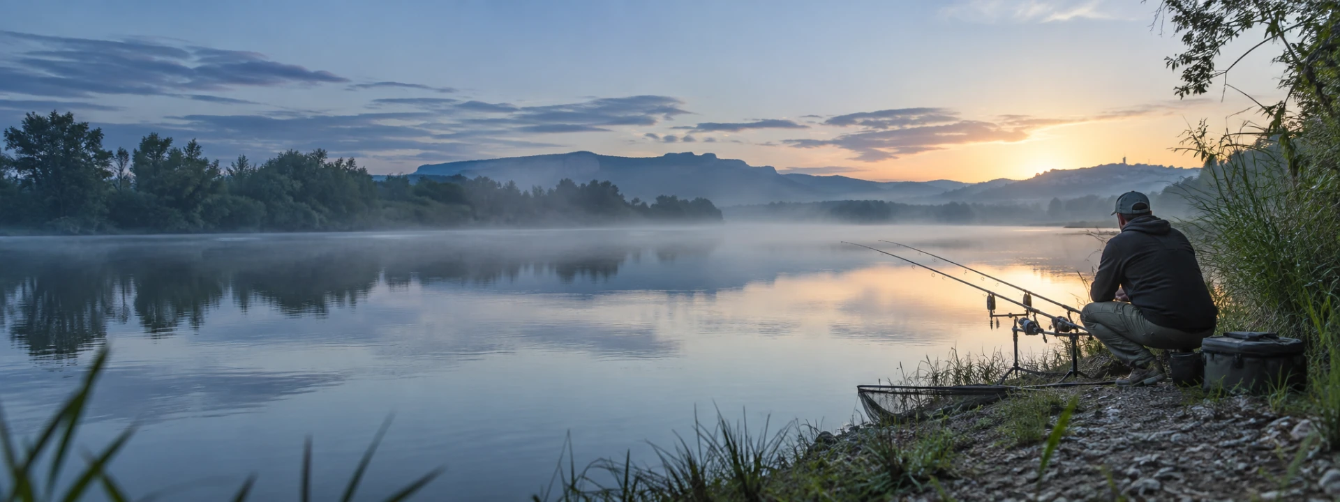 Pescador en el río Ebro al amanecer